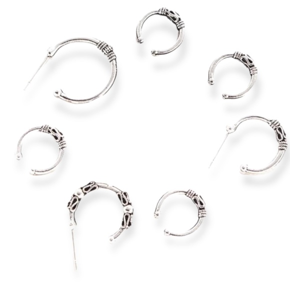 Bali Silver Hoops Earrings with Ear Cuffs Set - Picture 3 of 4
